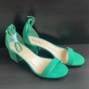 Green ankle strap block heel sandals